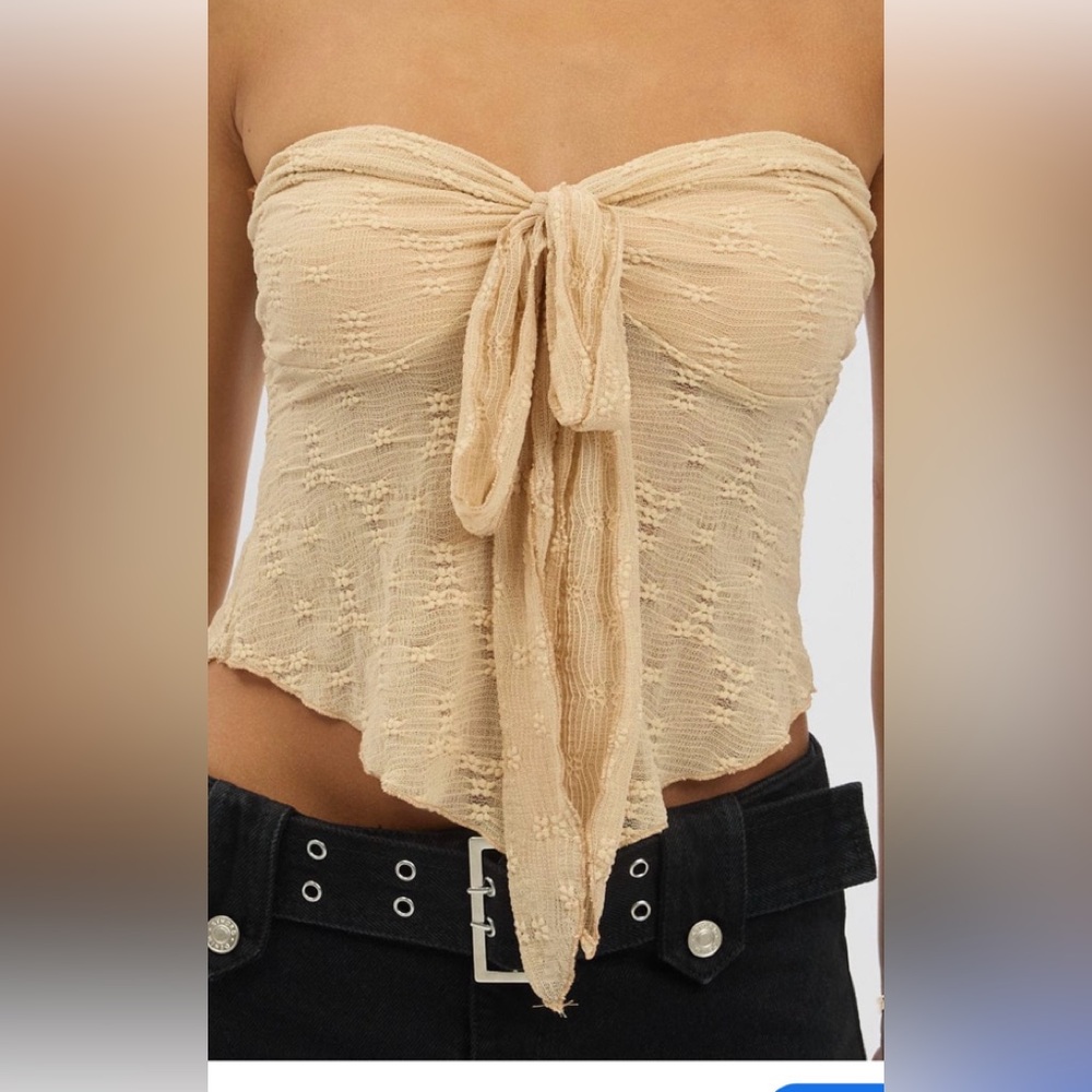 Sexy Boho Semi-Sheer Lace Tube Top Ivory Stretch Tie Front Floral Embroidery